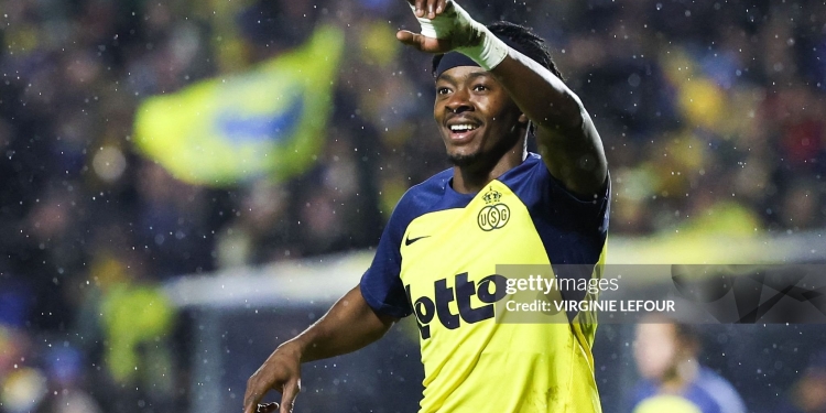 Union's Mohammed Fuseini celebrates after scoring during a soccer game between Royale Union Saint-Gilloise and Sporting Charleroi, the return game of the 1/2 final in the Croky Cup Belgian cup competition, Wednesday 11 February 2026 in Charleroi. (1st leg: 0-0) BELGA PHOTO VIRGINIE LEFOUR (Photo by VIRGINIE LEFOUR / BELGA MAG / Belga / AFP via Getty Images)