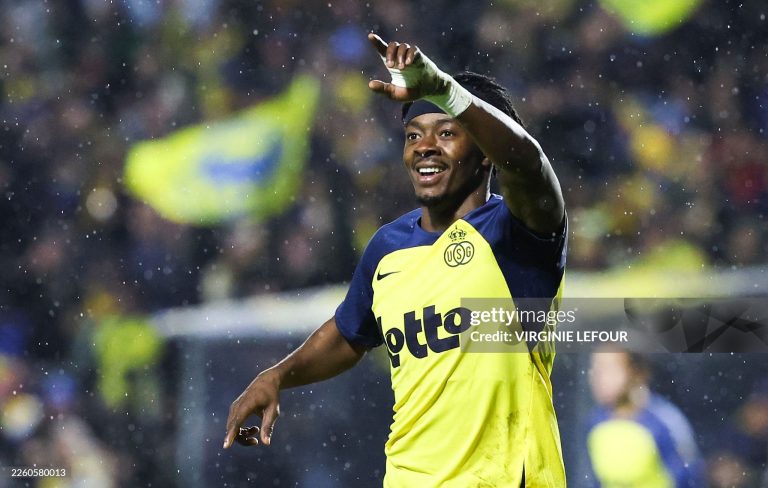 Union's Mohammed Fuseini celebrates after scoring during a soccer game between Royale Union Saint-Gilloise and Sporting Charleroi, the return game of the 1/2 final in the Croky Cup Belgian cup competition, Wednesday 11 February 2026 in Charleroi. (1st leg: 0-0) BELGA PHOTO VIRGINIE LEFOUR (Photo by VIRGINIE LEFOUR / BELGA MAG / Belga / AFP via Getty Images)