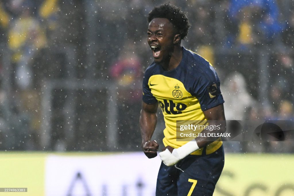Royale Union Saint-Gilloise's Ghanaian forward Mohammed Fuseini celebrates after scoring a goal during the Belgian "Pro League" Champions' play-off (day 7 out of 10) football match between Royale Union Saint-Gilloise and KV Mechelen at the Joseph Marien Stadium in Brussels on May 10, 2026. (Photo by JILL DELSAUX / BELGA / AFP via Getty Images) / Belgium OUT