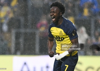 Royale Union Saint-Gilloise's Ghanaian forward Mohammed Fuseini celebrates after scoring a goal during the Belgian "Pro League" Champions' play-off (day 7 out of 10) football match between Royale Union Saint-Gilloise and KV Mechelen at the Joseph Marien Stadium in Brussels on May 10, 2026. (Photo by JILL DELSAUX / BELGA / AFP via Getty Images) / Belgium OUT