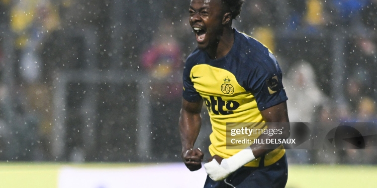 Royale Union Saint-Gilloise's Ghanaian forward Mohammed Fuseini celebrates after scoring a goal during the Belgian "Pro League" Champions' play-off (day 7 out of 10) football match between Royale Union Saint-Gilloise and KV Mechelen at the Joseph Marien Stadium in Brussels on May 10, 2026. (Photo by JILL DELSAUX / BELGA / AFP via Getty Images) / Belgium OUT