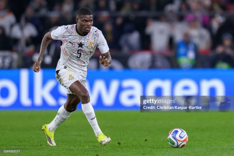 STUTTGART, GERMANY - MARCH 30: Thomas Partey of Ghana in action during the international friendly match between Germany and Ghana at MHP Arena on March 30, 2026 in Stuttgart, Germany. (Photo by Christian Kaspar-Bartke/Getty Images)