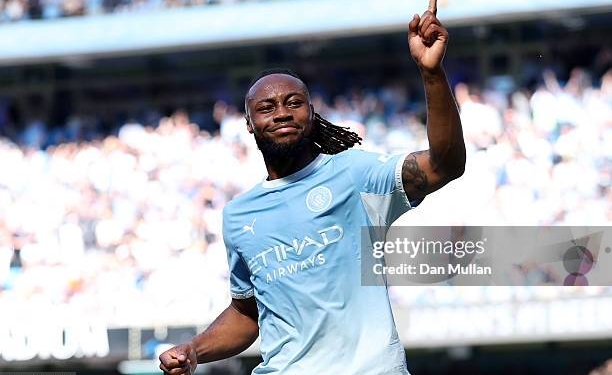 MANCHESTER, ENGLAND - MAY 24: Antoine Semenyo of Manchester City celebrates scoring his team's first goal during the Premier League match between Manchester City and Aston Villa at the Etihad Stadium on May 24, 2026 in Manchester, England. (Photo by Dan Mullan/Getty Images)