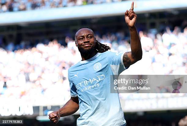 MANCHESTER, ENGLAND - MAY 24: Antoine Semenyo of Manchester City celebrates scoring his team's first goal during the Premier League match between Manchester City and Aston Villa at the Etihad Stadium on May 24, 2026 in Manchester, England. (Photo by Dan Mullan/Getty Images)