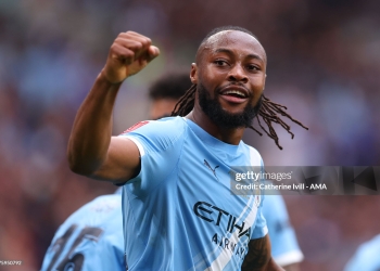 LONDON, ENGLAND - MAY 16: Antoine Semenyo of Manchester City celebrates after scoring a goal to make it 0-1 during the Emirates FA Cup Final match between Chelsea and Manchester City at Wembley Stadium on May 16, 2026 in London, England. (Photo by Catherine Ivill - AMA/Getty Images)