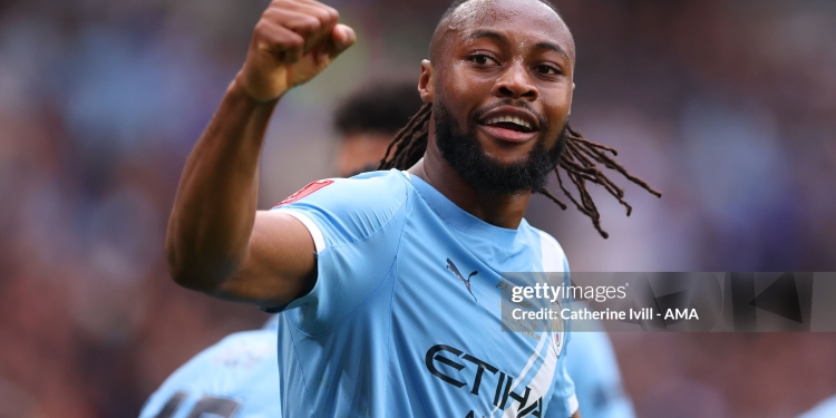 LONDON, ENGLAND - MAY 16: Antoine Semenyo of Manchester City celebrates after scoring a goal to make it 0-1 during the Emirates FA Cup Final match between Chelsea and Manchester City at Wembley Stadium on May 16, 2026 in London, England. (Photo by Catherine Ivill - AMA/Getty Images)