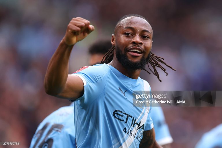 LONDON, ENGLAND - MAY 16: Antoine Semenyo of Manchester City celebrates after scoring a goal to make it 0-1 during the Emirates FA Cup Final match between Chelsea and Manchester City at Wembley Stadium on May 16, 2026 in London, England. (Photo by Catherine Ivill - AMA/Getty Images)