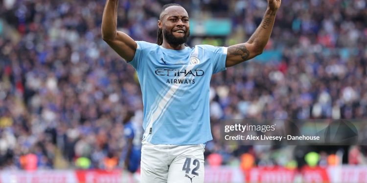 LONDON, ENGLAND - MAY 16: Antoine Semenyo of Manchester City celebrates after scoring their side's first goal during the Emirates FA Cup Final match between Chelsea and Manchester City on May 16, 2026 in London, England. (Photo by Alex Livesey - Danehouse/Getty Images)