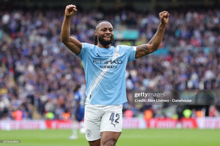 LONDON, ENGLAND - MAY 16: Antoine Semenyo of Manchester City celebrates after scoring their side's first goal during the Emirates FA Cup Final match between Chelsea and Manchester City on May 16, 2026 in London, England. (Photo by Alex Livesey - Danehouse/Getty Images)
