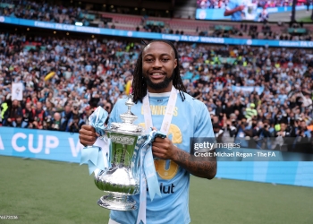 LONDON, ENGLAND - MAY 16: Antoine Semenyo of Manchester City poses for a photograph with the Emirates FA Cup trophy as he celebrates after the Emirates FA Cup Final match between Chelsea and Manchester City on May 16, 2026 in London, England. (Photo by Michael Regan - The FA/The FA via Getty Images)