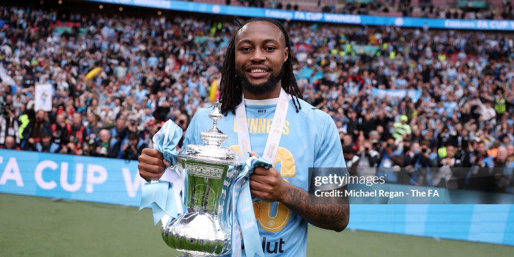 LONDON, ENGLAND - MAY 16: Antoine Semenyo of Manchester City poses for a photograph with the Emirates FA Cup trophy as he celebrates after the Emirates FA Cup Final match between Chelsea and Manchester City on May 16, 2026 in London, England. (Photo by Michael Regan - The FA/The FA via Getty Images)