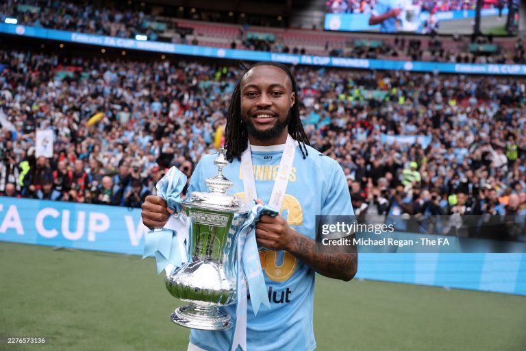 LONDON, ENGLAND - MAY 16: Antoine Semenyo of Manchester City poses for a photograph with the Emirates FA Cup trophy as he celebrates after the Emirates FA Cup Final match between Chelsea and Manchester City on May 16, 2026 in London, England. (Photo by Michael Regan - The FA/The FA via Getty Images)