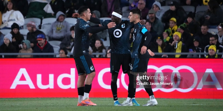 COLUMBUS, OHIO - MAY 02: Kelvin Yeboah #9 of the Minnesota United celebrate a goal with Nicolás Romero #5 and Joaquín Pereyra #26 of the Minnesota United during the second half of the MLS match against the Columbus Crew at ScottsMiracle-Gro Field on May 02, 2026 in Columbus, Ohio. (Photo by Jason Mowry/Getty Images)