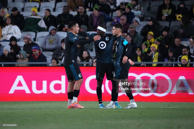 COLUMBUS, OHIO - MAY 02: Kelvin Yeboah #9 of the Minnesota United celebrate a goal with Nicolás Romero #5 and Joaquín Pereyra #26 of the Minnesota United during the second half of the MLS match against the Columbus Crew at ScottsMiracle-Gro Field on May 02, 2026 in Columbus, Ohio. (Photo by Jason Mowry/Getty Images)