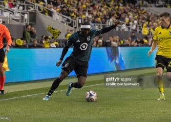 COLUMBUS, OH - MAY 02: Minnesota United FC Forward Kelvin Yeboah (9) attempts to cross the ball in the first half during the MLS match between Columbus Crew and Minnesota United FC on May 2nd, 2026 at ScottsMiracle-Gro Field in Columbus, OH (Photo by Michael Brown/Icon Sportswire via Getty Images)