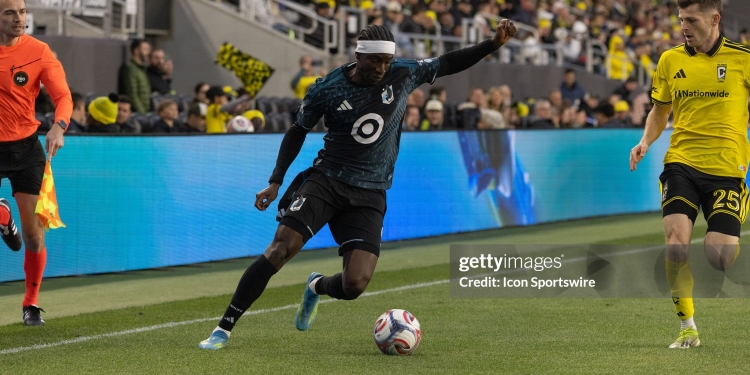 COLUMBUS, OH - MAY 02: Minnesota United FC Forward Kelvin Yeboah (9) attempts to cross the ball in the first half during the MLS match between Columbus Crew and Minnesota United FC on May 2nd, 2026 at ScottsMiracle-Gro Field in Columbus, OH (Photo by Michael Brown/Icon Sportswire via Getty Images)