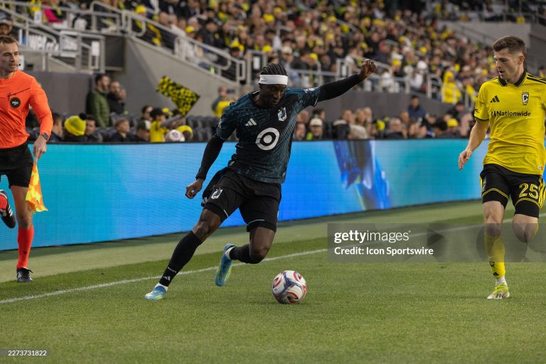 COLUMBUS, OH - MAY 02: Minnesota United FC Forward Kelvin Yeboah (9) attempts to cross the ball in the first half during the MLS match between Columbus Crew and Minnesota United FC on May 2nd, 2026 at ScottsMiracle-Gro Field in Columbus, OH (Photo by Michael Brown/Icon Sportswire via Getty Images)