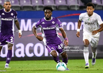Tariq Lamptey of ACF Fiorentina in action during the Serie A football match between ACF Fiorentina and SSC Napoli at Artemio Franchi stadium. Florence (Italy), September 13th, 2025 (Photo by Elianton/Mondadori Portfolio via Getty Images)
