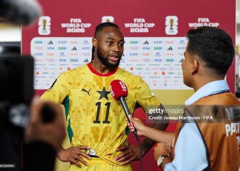 TORONTO, ONTARIO - JUNE 17: Antoine Semenyo #11 of Ghana speaks to media after the FIFA World Cup 2026 Group L match between Ghana and Panama at Toronto Stadium on June 17, 2026 in Toronto, Ontario. (Photo by Joosep Martinson - FIFA/FIFA via Getty Images)