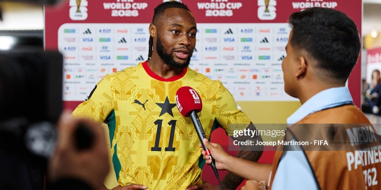 TORONTO, ONTARIO - JUNE 17: Antoine Semenyo #11 of Ghana speaks to media after the FIFA World Cup 2026 Group L match between Ghana and Panama at Toronto Stadium on June 17, 2026 in Toronto, Ontario. (Photo by Joosep Martinson - FIFA/FIFA via Getty Images)