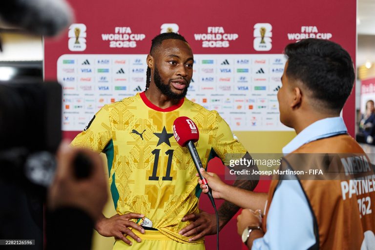 TORONTO, ONTARIO - JUNE 17: Antoine Semenyo #11 of Ghana speaks to media after the FIFA World Cup 2026 Group L match between Ghana and Panama at Toronto Stadium on June 17, 2026 in Toronto, Ontario. (Photo by Joosep Martinson - FIFA/FIFA via Getty Images)