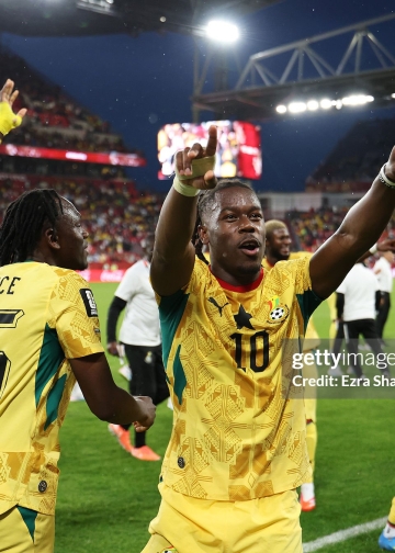 TORONTO, ONTARIO - JUNE 17: Prince Adu #25 and Brandon Thomas-Asante #10 of Ghana celebrate the team's 1-0 victory in the FIFA World Cup 2026 Group L match between Ghana and Panama at Toronto Stadium on June 17, 2026 in Toronto, Ontario. (Photo by Ezra Shaw - FIFA/FIFA via Getty Images)