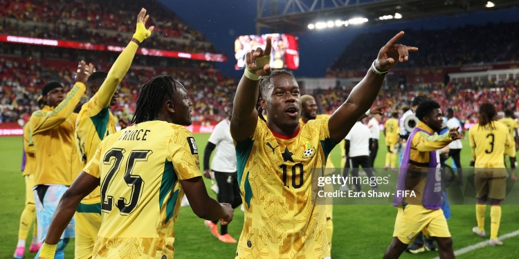 TORONTO, ONTARIO - JUNE 17: Prince Adu #25 and Brandon Thomas-Asante #10 of Ghana celebrate the team's 1-0 victory in the FIFA World Cup 2026 Group L match between Ghana and Panama at Toronto Stadium on June 17, 2026 in Toronto, Ontario. (Photo by Ezra Shaw - FIFA/FIFA via Getty Images)