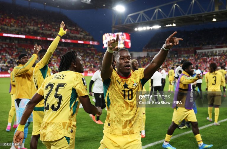 TORONTO, ONTARIO - JUNE 17: Prince Adu #25 and Brandon Thomas-Asante #10 of Ghana celebrate the team's 1-0 victory in the FIFA World Cup 2026 Group L match between Ghana and Panama at Toronto Stadium on June 17, 2026 in Toronto, Ontario. (Photo by Ezra Shaw - FIFA/FIFA via Getty Images)