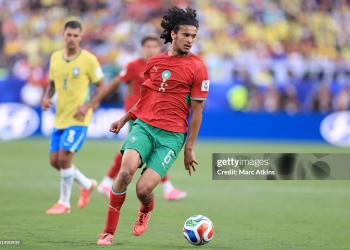 EAST RUTHERFORD, NEW JERSEY - JUNE 13: Ayoub Bouaddi of Morocco during the FIFA World Cup 2026 Group C match between Brazil and Morocco at New York New Jersey Stadium on June 13, 2026 in East Rutherford, New Jersey. (Photo by Marc Atkins/Getty Images)