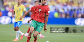 EAST RUTHERFORD, NEW JERSEY - JUNE 13: Ayoub Bouaddi of Morocco during the FIFA World Cup 2026 Group C match between Brazil and Morocco at New York New Jersey Stadium on June 13, 2026 in East Rutherford, New Jersey. (Photo by Marc Atkins/Getty Images)