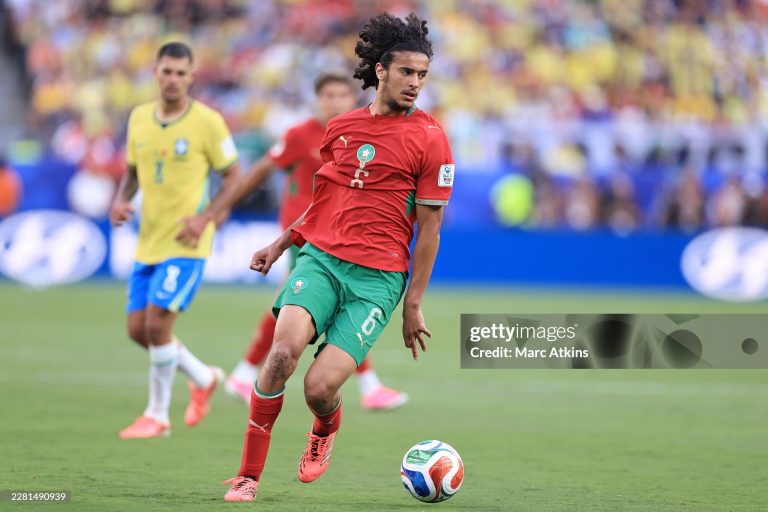 EAST RUTHERFORD, NEW JERSEY - JUNE 13: Ayoub Bouaddi of Morocco during the FIFA World Cup 2026 Group C match between Brazil and Morocco at New York New Jersey Stadium on June 13, 2026 in East Rutherford, New Jersey. (Photo by Marc Atkins/Getty Images)