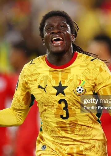 TORONTO, ONTARIO - JUNE 17: Caleb Yirenkyi #3 of Ghana celebrates after scoring his team's first goal during the FIFA World Cup 2026 Group L match between Ghana and Panama at Toronto Stadium on June 17, 2026 in Toronto, Ontario. (Photo by Robert Cianflone/Getty Images)