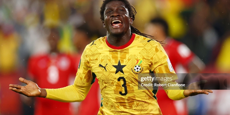 TORONTO, ONTARIO - JUNE 17: Caleb Yirenkyi #3 of Ghana celebrates after scoring his team's first goal during the FIFA World Cup 2026 Group L match between Ghana and Panama at Toronto Stadium on June 17, 2026 in Toronto, Ontario. (Photo by Robert Cianflone/Getty Images)