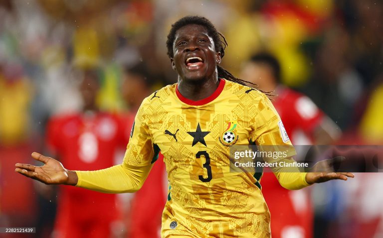 TORONTO, ONTARIO - JUNE 17: Caleb Yirenkyi #3 of Ghana celebrates after scoring his team's first goal during the FIFA World Cup 2026 Group L match between Ghana and Panama at Toronto Stadium on June 17, 2026 in Toronto, Ontario. (Photo by Robert Cianflone/Getty Images)