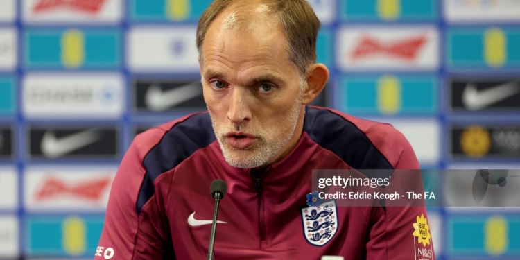 Thomas Tuchel, Head Coach of England, speaks to the media during a press conference (Photo by Eddie Keogh – The FA/The FA via Getty Images)