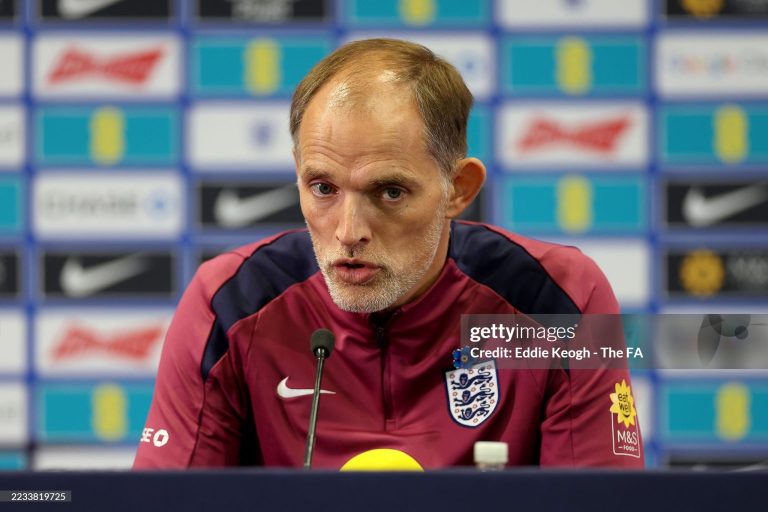 Thomas Tuchel, Head Coach of England, speaks to the media during a press conference (Photo by Eddie Keogh – The FA/The FA via Getty Images)