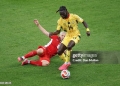 TORONTO, ONTARIO - JUNE 17: Gideon Mensah #14 of Ghana is  tackled by Cristian Martinez #6 of Panama during the FIFA World Cup 2026 Group L match between Ghana and Panama at Toronto Stadium on June 17, 2026 in Toronto, Ontario. (Photo by Dan Mullan/Getty Images)