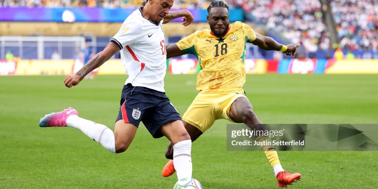 FOXBOROUGH, MASSACHUSETTS - JUNE 23: Morgan Rogers #17 of England controls the ball against Jerome Opoku #18 of Ghana during the FIFA World Cup 2026 Group L match between England and Ghana at Boston Stadium on June 23, 2026 in Foxborough, Massachusetts. (Photo by Justin Setterfield/Getty Images)
