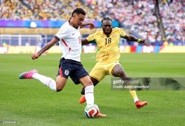 FOXBOROUGH, MASSACHUSETTS - JUNE 23: Morgan Rogers #17 of England controls the ball against Jerome Opoku #18 of Ghana during the FIFA World Cup 2026 Group L match between England and Ghana at Boston Stadium on June 23, 2026 in Foxborough, Massachusetts. (Photo by Justin Setterfield/Getty Images)