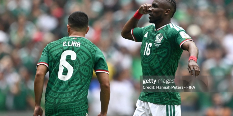 MEXICO CITY, MEXICO - JUNE 11: Julian Quinones #16 of Mexico celebrates scoring his team's first goal during the FIFA World Cup 2026 Group A match between Mexico and South Africa at Mexico City Stadium on June 11, 2026 in Mexico City, Mexico. (Photo by Hannah Peters - FIFA/FIFA via Getty Images)