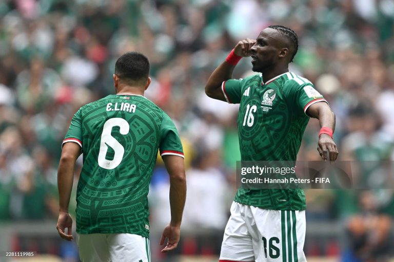 MEXICO CITY, MEXICO - JUNE 11: Julian Quinones #16 of Mexico celebrates scoring his team's first goal during the FIFA World Cup 2026 Group A match between Mexico and South Africa at Mexico City Stadium on June 11, 2026 in Mexico City, Mexico. (Photo by Hannah Peters - FIFA/FIFA via Getty Images)