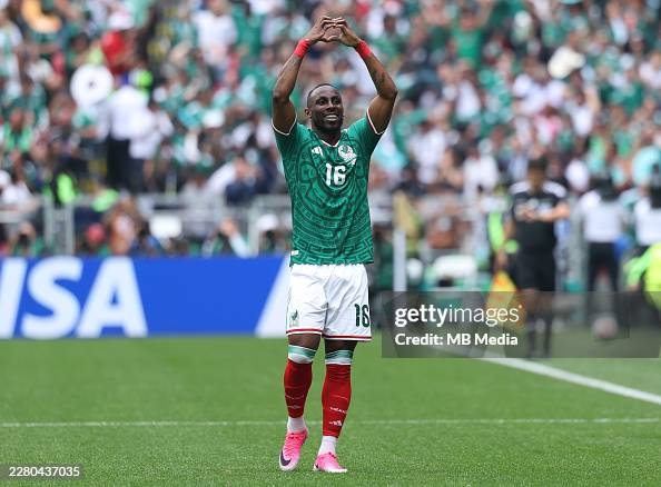MEXICO CITY, MEXICO - JUNE 11: Julián Quiñones of Mexico celebrates after scoring the first goal of his team during the FIFA World Cup 2026 Group A match between Mexico and South Africa at Mexico City Stadium on June 11, 2026 in Mexico City, Mexico. (Photo by MB Media/Getty Images)