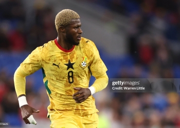 CARDIFF, WALES - JUNE 02: Kwasi Sibo of Ghana looks on during the international friendly match between Wales and Ghana at Cardiff City Stadium on June 02, 2026 in Cardiff, Wales. (Photo by Warren Little/Getty Images)