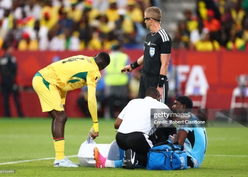 TORONTO, ONTARIO - JUNE 17: Lawrence Ati Zigi #1 of Ghana receives medical attention during the FIFA World Cup 2026 Group L match between Ghana and Panama at Toronto Stadium on June 17, 2026 in Toronto, Ontario. (Photo by Robert Cianflone/Getty Images)