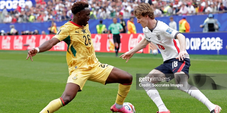 BOSTON, UNITED STATES - JUNE 23: (L-R) Marvin Senaya of Ghana, Anthony Gordon of England during the World Cup match between England v Ghana at the Boston Stadium on June 23, 2026 in Boston United States (Photo by Marcel Bonte/Soccrates/Getty Images)