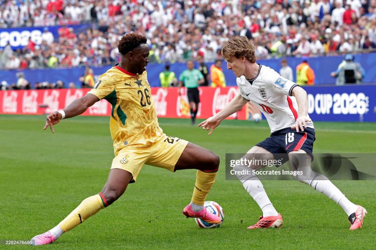 BOSTON, UNITED STATES - JUNE 23: (L-R) Marvin Senaya of Ghana, Anthony Gordon of England  during the  World Cup match between England  v Ghana at the Boston Stadium on June 23, 2026 in Boston United States (Photo by Marcel Bonte/Soccrates/Getty Images)