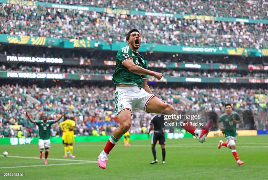 MEXICO CITY, MEXICO - JUNE 11: Raul Jimenez #9 of Mexico celebrates scoring his team's second goal during the FIFA World Cup 2026 Group A match between Mexico and South Africa at Mexico City Stadium on June 11, 2026 in Mexico City, Mexico. (Photo by Carl Recine/Getty Images)