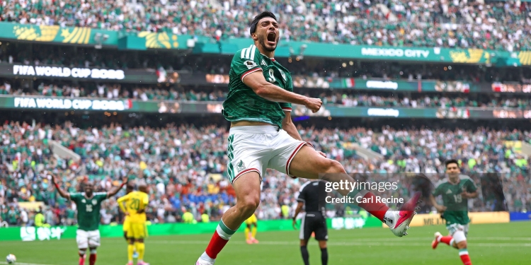 MEXICO CITY, MEXICO - JUNE 11: Raul Jimenez #9 of Mexico celebrates scoring his team's second goal during the FIFA World Cup 2026 Group A match between Mexico and South Africa at Mexico City Stadium on June 11, 2026 in Mexico City, Mexico. (Photo by Carl Recine/Getty Images)