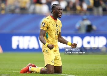 FOXBOROUGH, MASSACHUSETTS - JUNE 23: Jerome Opoku #18 of Ghana celebrates after the scoreless draw in the FIFA World Cup 2026 Group L match between England and Ghana at Boston Stadium on June 23, 2026 in Foxborough, Massachusetts. (Photo by Richard Pelham/Getty Images)