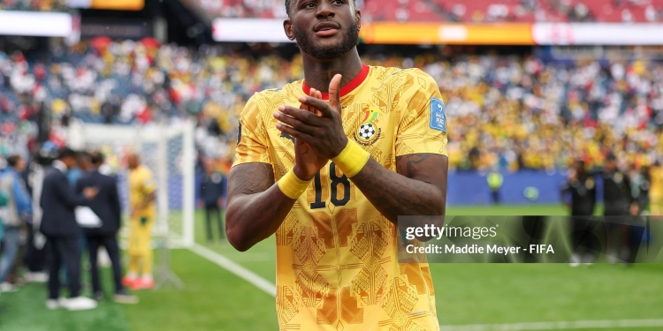 FOXBOROUGH, MASSACHUSETTS - JUNE 23: Jerome Opoku #18 of Ghana applauds fans after the scoreless draw in the FIFA World Cup 2026 Group L match between England and Ghana at Boston Stadium on June 23, 2026 in Foxborough, Massachusetts. (Photo by Maddie Meyer - FIFA/FIFA via Getty Images)